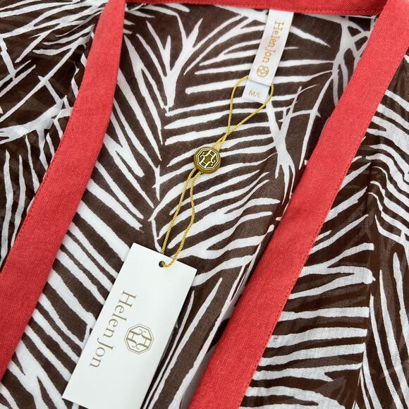 Helen Jon Open Front Caftan Paradise Palms M/L NEW Brown Coral Cotton Cover Up - Picture 7 of 12